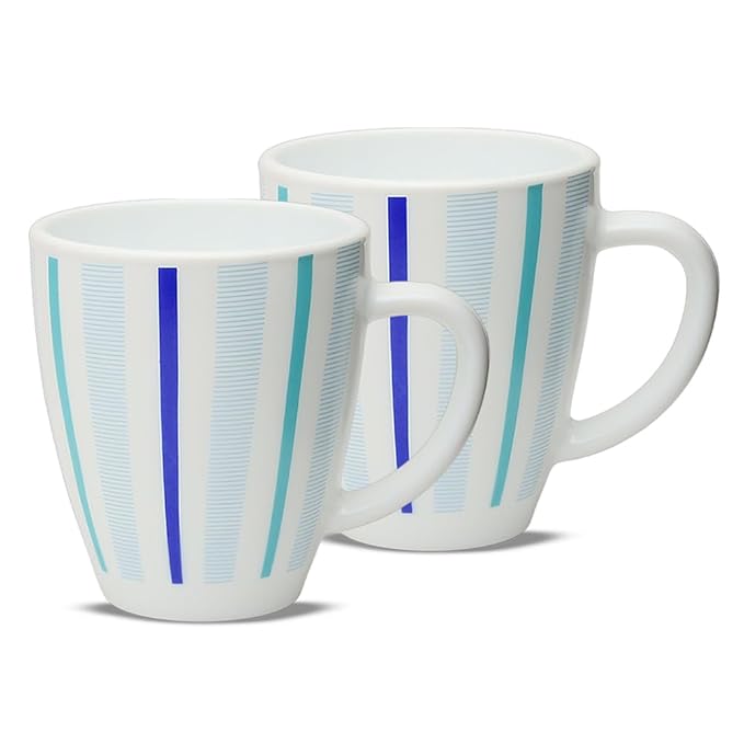 Larah by Borosil Blue Strip Opalware Mug | Set of 2 Pcs Tea/Coffee Mugs, 400 ml Each | Microwave & Dishwasher Safe, Bone-Ash Free | Crockery Set Ideal for Daily Use & Gifting | White